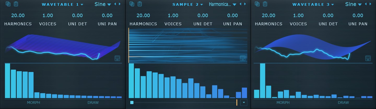 The three oscillators side by side: two wavetables and a sample, each with its graph and harmonic bars