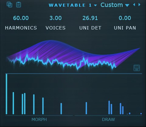 An oscillator panel: the harmonics count above a wavetable graph and a row of harmonic bars