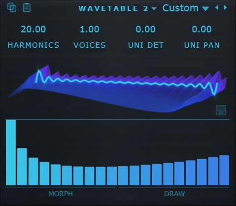 A wavetable oscillator showing a custom morphed wavetable, its harmonic bars, the MORPH and DRAW buttons and the save icon